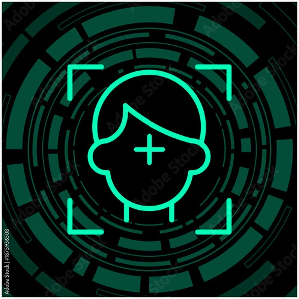 Obraz 顔認証・生体認証によるセキュリティシステムのサイバーアイコン（Face Recognition, Biometric Security Vector）