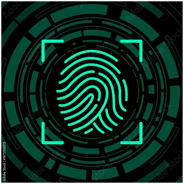 Obraz 指紋認証・生体認証によるデジタルセキュリティのサイバーアイコン（Fingerprint Authentication, Biometric Security Vector）