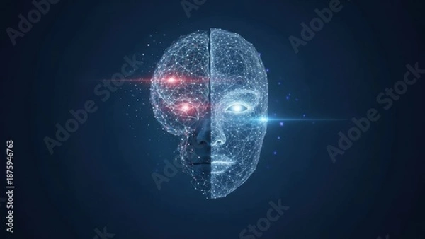 Obraz Futuristic digital human head with glowing brain and face interface. AI, machine learning, and data processing network concept.