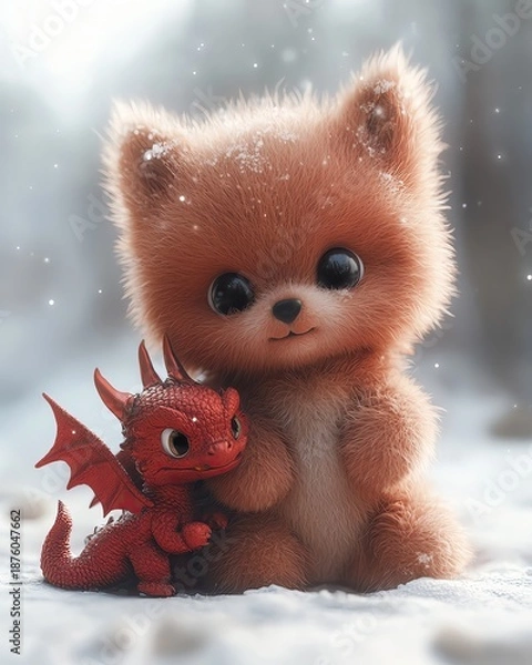 Obraz Cute fluffy kitten with a tiny red dragon toy.