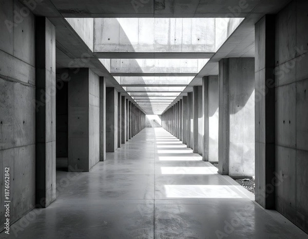 Fototapeta Long, empty corridor with sunlight streaming through the ceiling