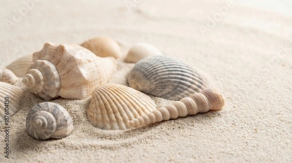 Obraz Assorted Seashells on Fine Sand, Beach Background