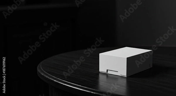 Obraz Minimalist white box on dark table with dramatic lighting and copy space