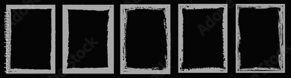Obraz Monochrome distressed rectangular frames stacked vertically with rough textured borders on black background. Realistic texture borders or frames for posters.