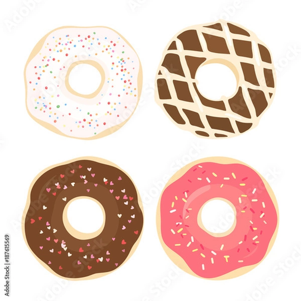 Obraz Set of 4 color hand drawn donuts in modern flat style. Donut isolated for your design