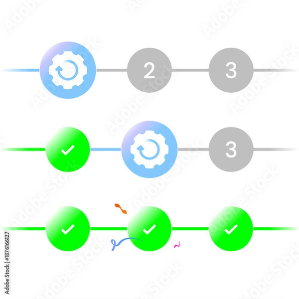 Obraz Modern vector illustration of circular progress bar with three status steps showing completed, processing, pending stages. for ui, workflow visualization, step indicator, task progress and status