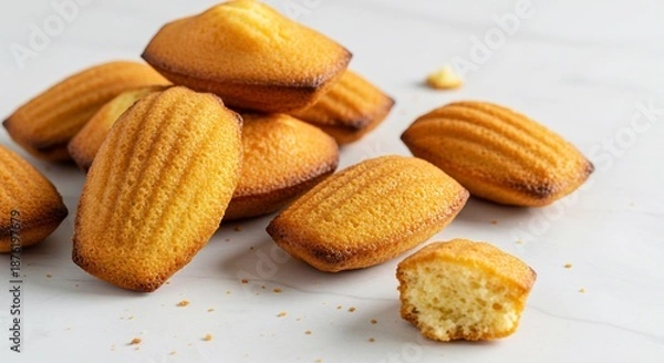 Fototapeta 明るい自然光に美しく照らされる焼きたて金色のマドレーヌ。山盛りに積まれ一つは割れて中からしっとりふんわり美味しそうな断面が魅力的に覗く。. AI Generated