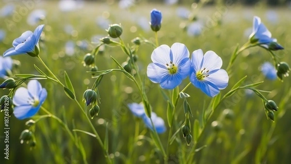 Fototapeta 夕日の柔らかな黄金光を浴びてきらめく亜麻の花々 緑豊かな野原で繊細な青い花びらが生命の輝きを放ち心を癒す絶景を描く. AI Generated