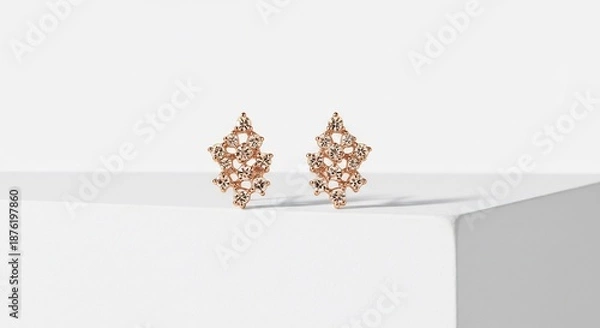 Fototapeta 輝くローズゴールドのスタッドピアス 白い背景に繊細な透かし細工が際立つ 上品な美しさを表現. AI Generated
