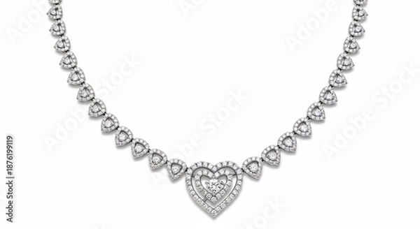 Fototapeta 無垢な白背景に浮かび上がる光り輝くダイヤモンドのハートネックレス繊細な輝きを放つジュエリー. AI Generated