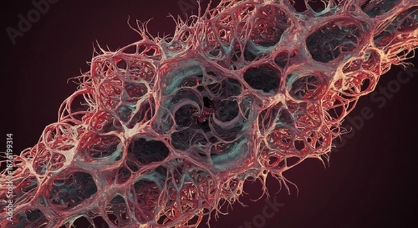 Fototapeta 赤く複雑に絡み合う不規則な異常細胞組織を劇的な光が深紅の質感と躍動感を鮮やかに際立たせる生物学的顕微鏡イメージ. AI Generated