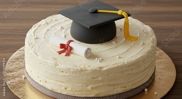 Fototapeta 柔らかな光が降り注ぐ温かい木目調のテーブルに置かれた美味しそうな卒業祝いの豪華なケーキ ふわふわの生クリームと学位帽そして赤いリボンで飾られた証書が輝かしい未来への新たな一歩を祝福する. AI Generated