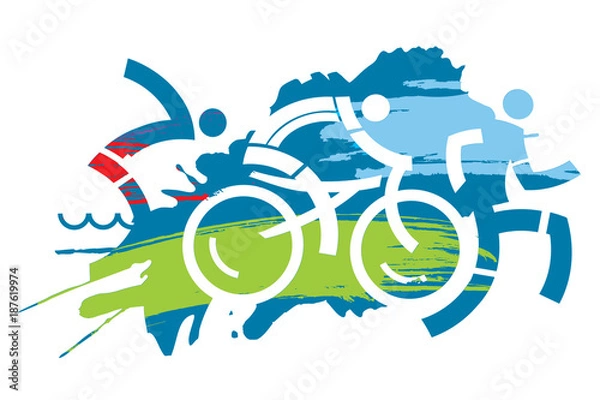 Fototapeta Triathlon race grunge stylizowane. Trzech zawodników triathlonu na tle grunge. Wektor dostępny.
