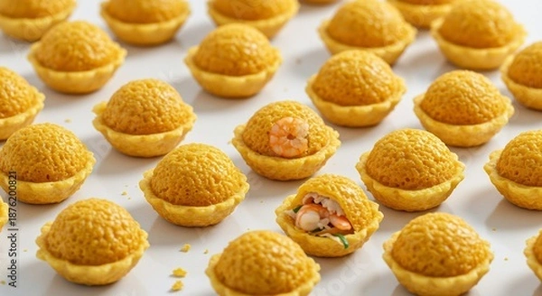 Fototapeta 黄金色のセイボリータルトが明るい光の中で美しく並ぶエビが顔を出す魅力的な一口オードブルで食卓が華やぐ. AI Generated