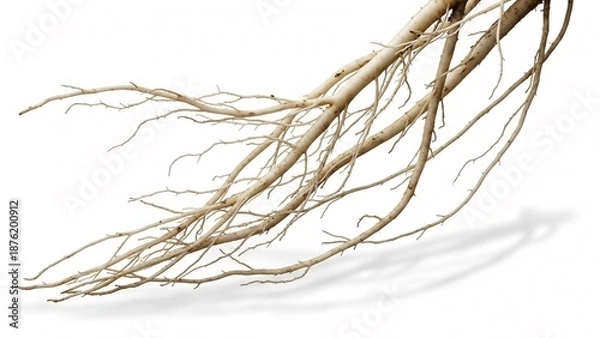 Fototapeta 乾燥した植物の根が白い背景に明るく際立ち複雑に絡み合う有機的な構造が生命の広がりを美しく表現. AI Generated