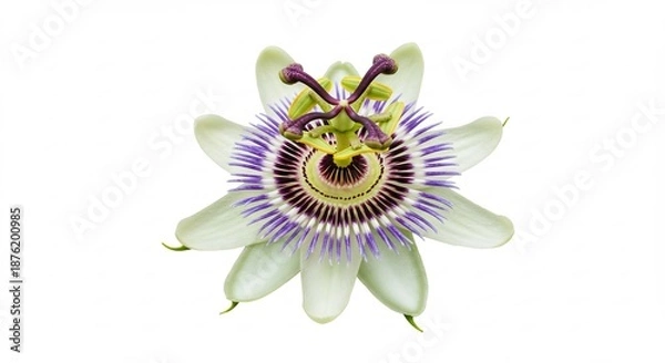 Fototapeta 白背景で優美に咲くトケイソウの花 明るく輝く光が鮮やかな色彩と繊細な構造を際立たせる. AI Generated