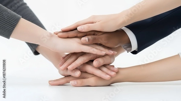 Obraz Minimal corporate teamwork image, hands stacked together, plain background