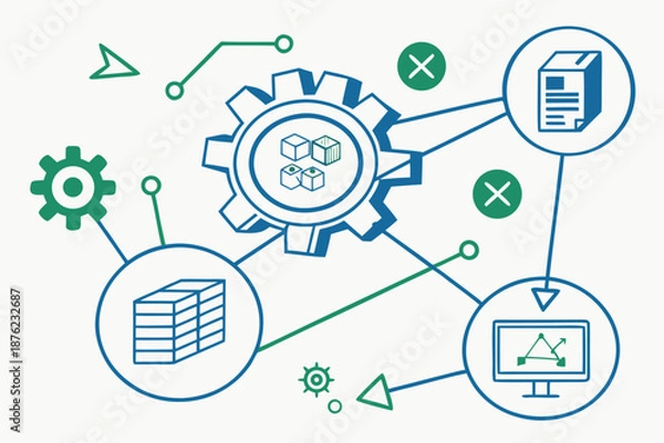 Obraz A vector graphic illustrating a complex system with interconnected gears, servers, and data flow