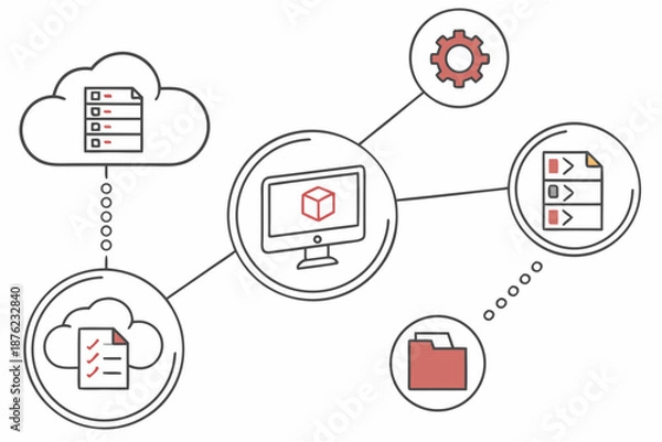 Obraz A vector graphic illustrating a cloud-based network system with interconnected devices and data storage