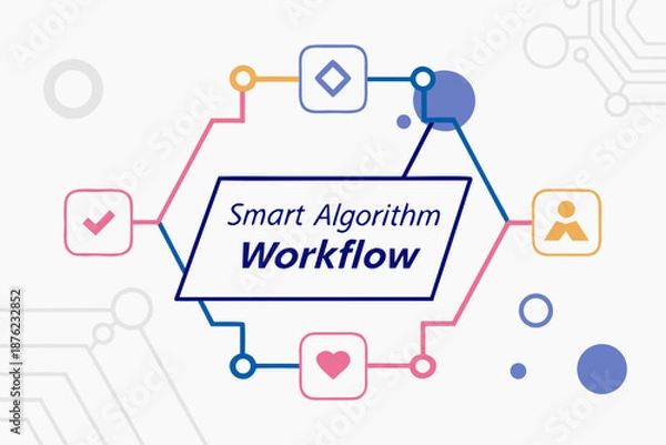 Obraz A vector graphic illustrating a smart algorithm workflow with interconnected nodes and symbols