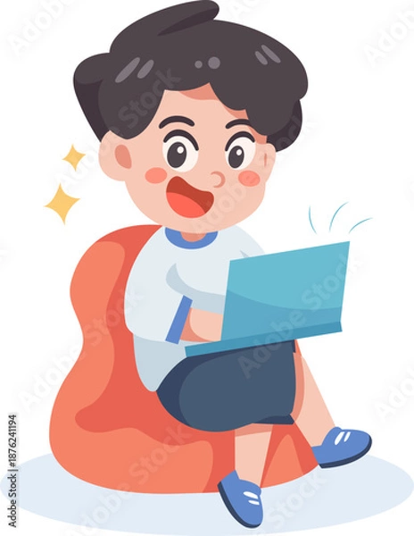 Obraz Cute Boy Using Laptop on Bean Bag