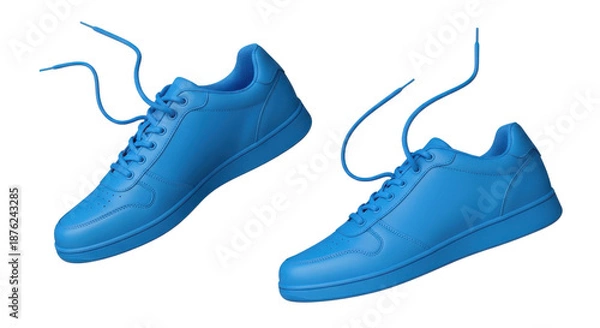 Fototapeta 白い背景に浮かぶ青いスニーカーのペア、靴紐が解けた状態の製品写真