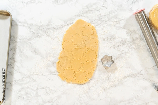 Obraz Flower Cookie Shapes in Dough Sheet