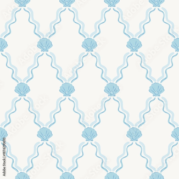 Obraz Blue vintage seashells seamless pattern, abstract geometric tile pattern.