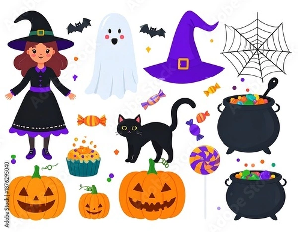 Obraz Halloween illustrations include witch, pumpkins, candy, bats, ghost, black cat, and cauldron