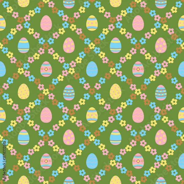 Fototapeta Easter eggs and flowers seamless pattern on green background Cute Easter eggs floral seamless illustration Spring Easter repeating pattern