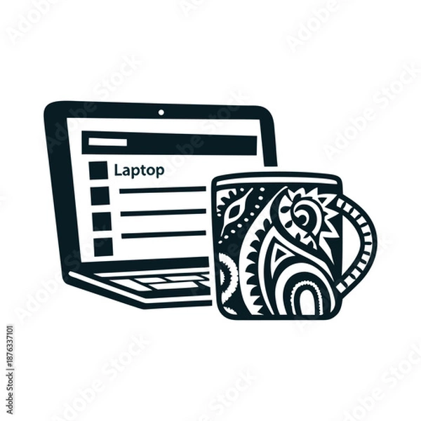 Obraz Laptop and Ornate Patterned Mug Vector Illustration