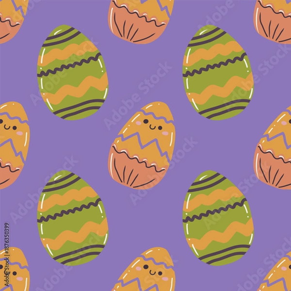 Fototapeta Cute hand drawn Easter seamless pattern with painted easter eggs. Festive vector background.