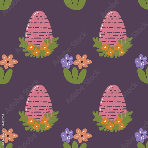 Fototapeta Cute hand drawn Easter seamless pattern with painted easter eggs and flowers. Festive vector background.