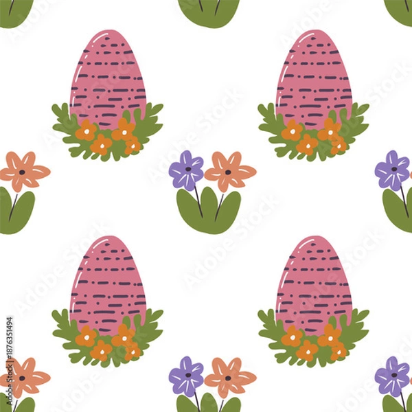 Fototapeta Cute hand drawn Easter seamless pattern with painted easter eggs and flowers. Festive vector background.