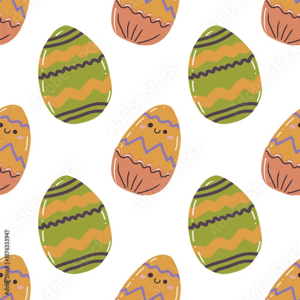 Fototapeta Cute hand drawn Easter seamless pattern with painted easter eggs. Festive vector background.