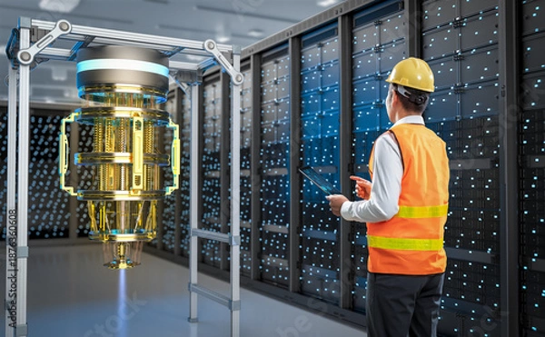 Fototapeta Quantum engineering technology with engineer develop quantum computer machine