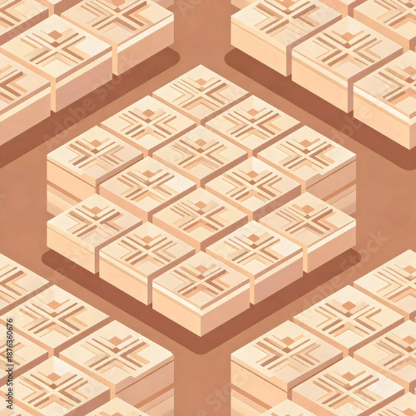 Fototapeta Light brown isometric geometric blocks in a repeating 3D pattern