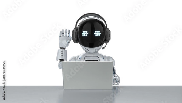 Fototapeta Cute and small 3d rendering artificial intelligence personal assistant robot with computer notebook