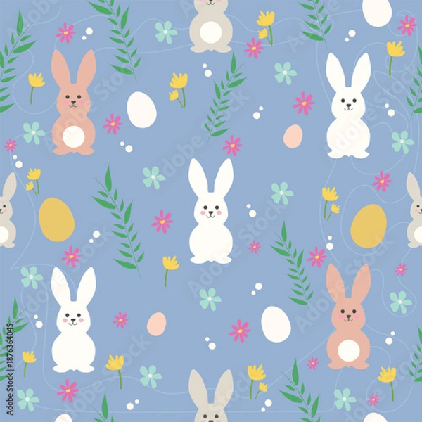 Obraz Spring Easter seamless pattern with bunnies and flowers on blue background