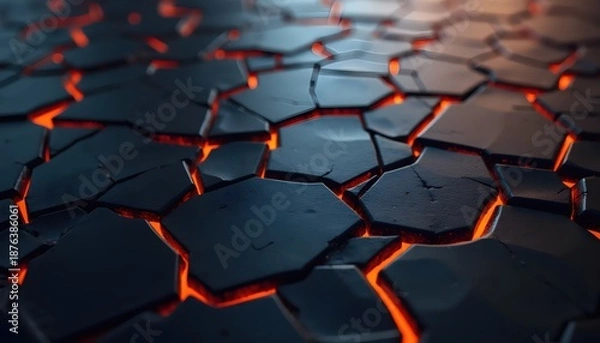 Obraz Futuristic Abstract Hexagonal Surface With Glowing Orange Cracks