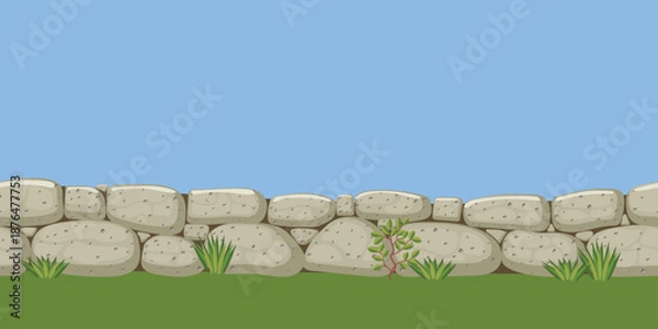 Obraz Stone cobblestone fence. Horizontal seamless pattern. Vector illustration.