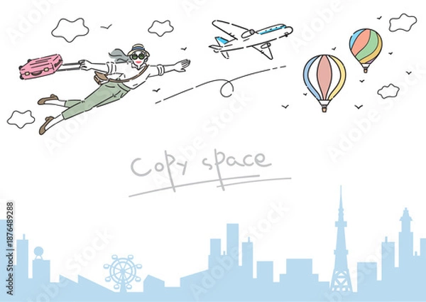 Obraz アクティブシニア 女性 旅行 イラスト コピースペース 横長 A判比率