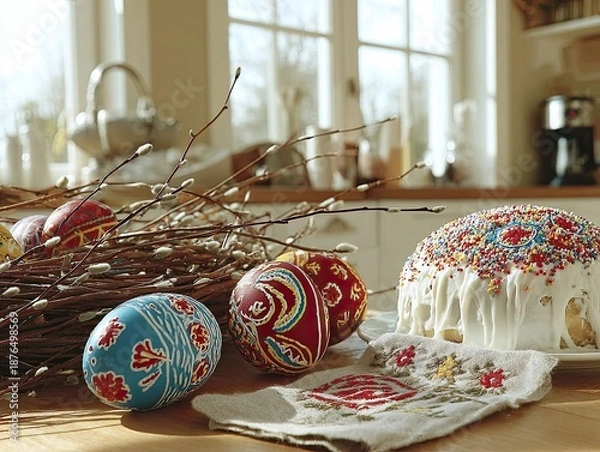 Obraz Easter table with cake and eggs