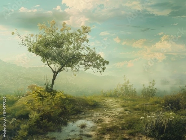 Obraz Foggy pine forest landscape