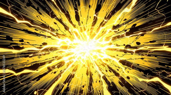 Obraz 黄色の稲妻と集中線のアニメ風インパクト背景