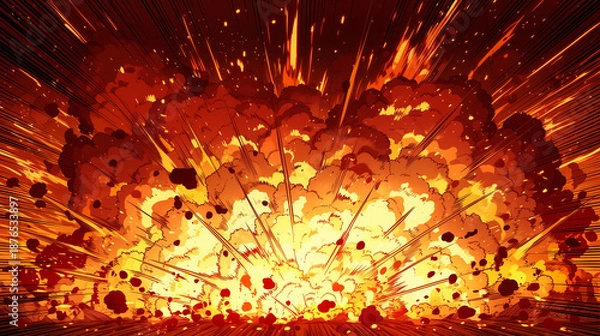 Obraz 漫画風の激しい爆発と集中線の背景イラスト