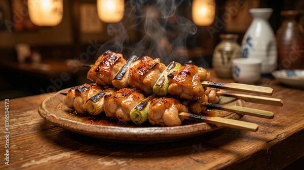 Obraz 居酒屋のカウンターで提供される湯気の立つ焼き鳥