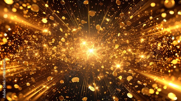 Obraz 飛び散る大量の金貨と黄金の光　ラグジュアリーな3D背景
