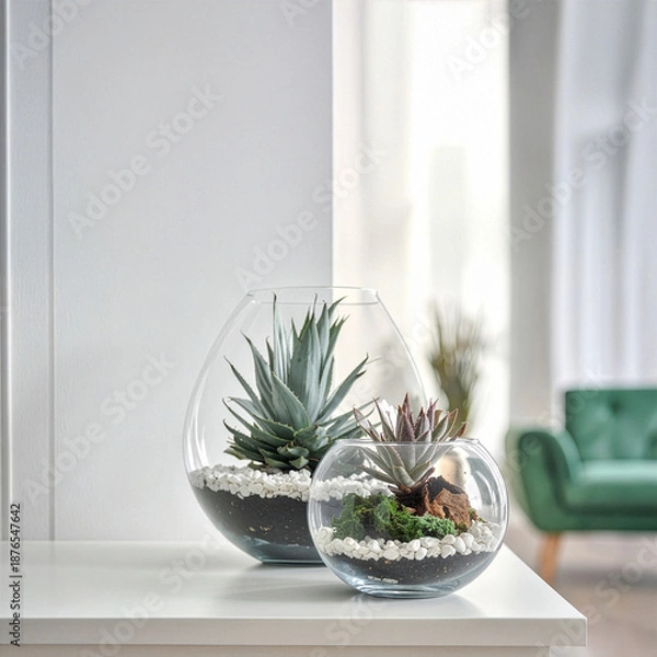 Fototapeta ガラスのポットに植えたエアプランツの置物