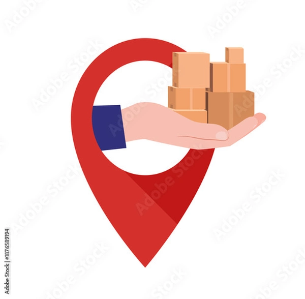 Obraz Map pointer with a hand holding a box. Vector illustration.